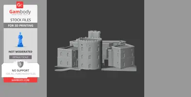 3D model of Hampstead Norris Castle, featuring a central round tower and rectangular buildings.