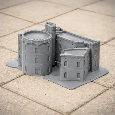Gray 3D-printed model of Hampstead Norris Castle architecture on a tiled surface.
