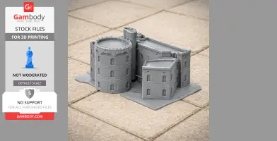 Detailed 3D-printed model of Hampstead Norris Castle with cylindrical towers and rectangular structures.