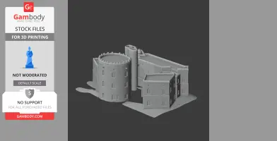 3D model of Hampstead Norris Castle with cylindrical and rectangular towers on a base.