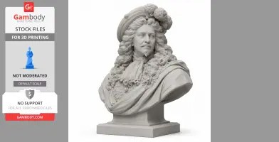 Bust of Louis XIV in elaborate attire with a decorative hat, detailed for 3D printing.