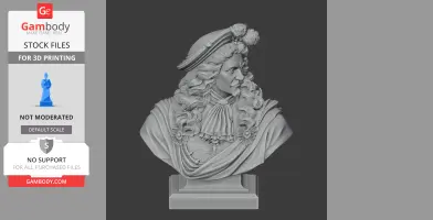 Bust of a historical figure with long, curled hair and ornate clothing, wearing a beret adorned with flowers.