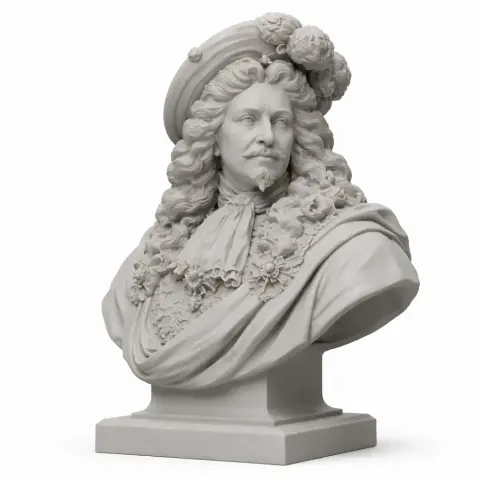 Bust of a historical figure with a hat, long curly hair, and ornate clothing, suitable for 3D printing.