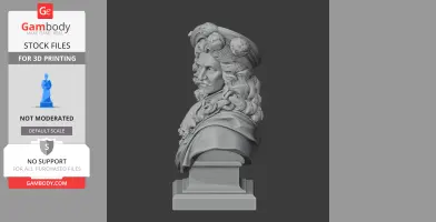 3D model of a bust depicting Louis XIV, featuring detailed hair and clothing, designed for 3D printing.