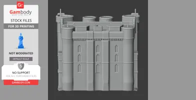 A detailed 3D model of Helston Castle with cylindrical towers and arched windows, designed for 3D printing.