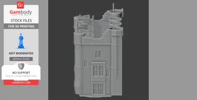 3D model of a detailed medieval castle tower with windows and turrets, suitable for 3D printing.