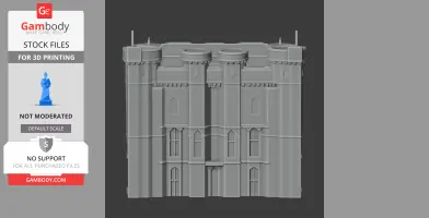 A detailed 3D model of a medieval-style castle facade with cylindrical towers and arched windows.