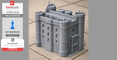 A detailed, gray 3D-printed model of Helston Castle with towers and intricate architectural features.