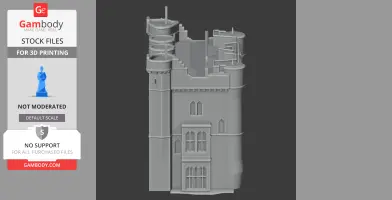 A detailed 3D model of a castle tower with windows and battlements, designed for 3D printing.