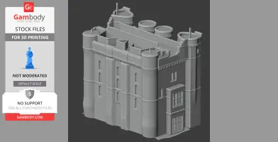 3D model of a castle with cylindrical towers and detailed architectural elements for 3D printing.