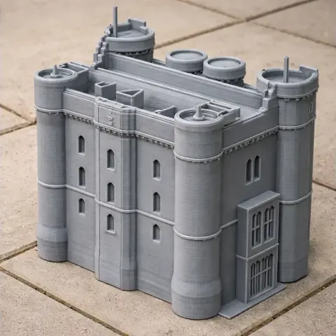 Detailed 3D-printed model of Helston Castle with cylindrical towers and intricate architectural features.