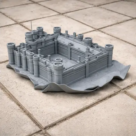 3D printed model of Herstmonceux Castle, featuring detailed turrets and walls on a tiled surface.