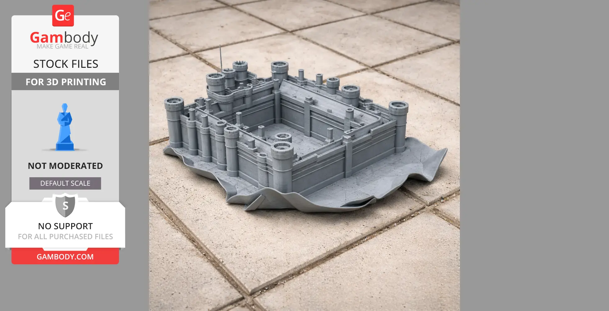 3D printed model of Herstmonceux Castle, featuring walls and towers, on a tiled surface.