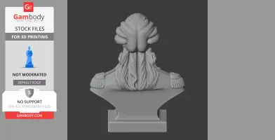 Rear view of a detailed bust with elaborate hair and epaulettes on a rectangular base.