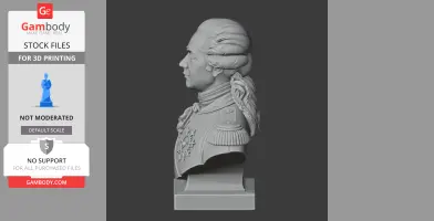 Bust of a historical figure in detailed attire with epaulettes, viewed from the side.