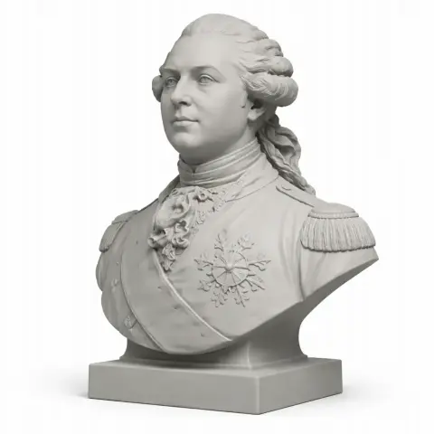 Bust of Louis XVI in ornate clothing, detailed hairstyle, and classical pose on a square base.