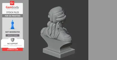 A 3D-printed bust of a historical figure with elaborate hair and epaulettes on a pedestal.