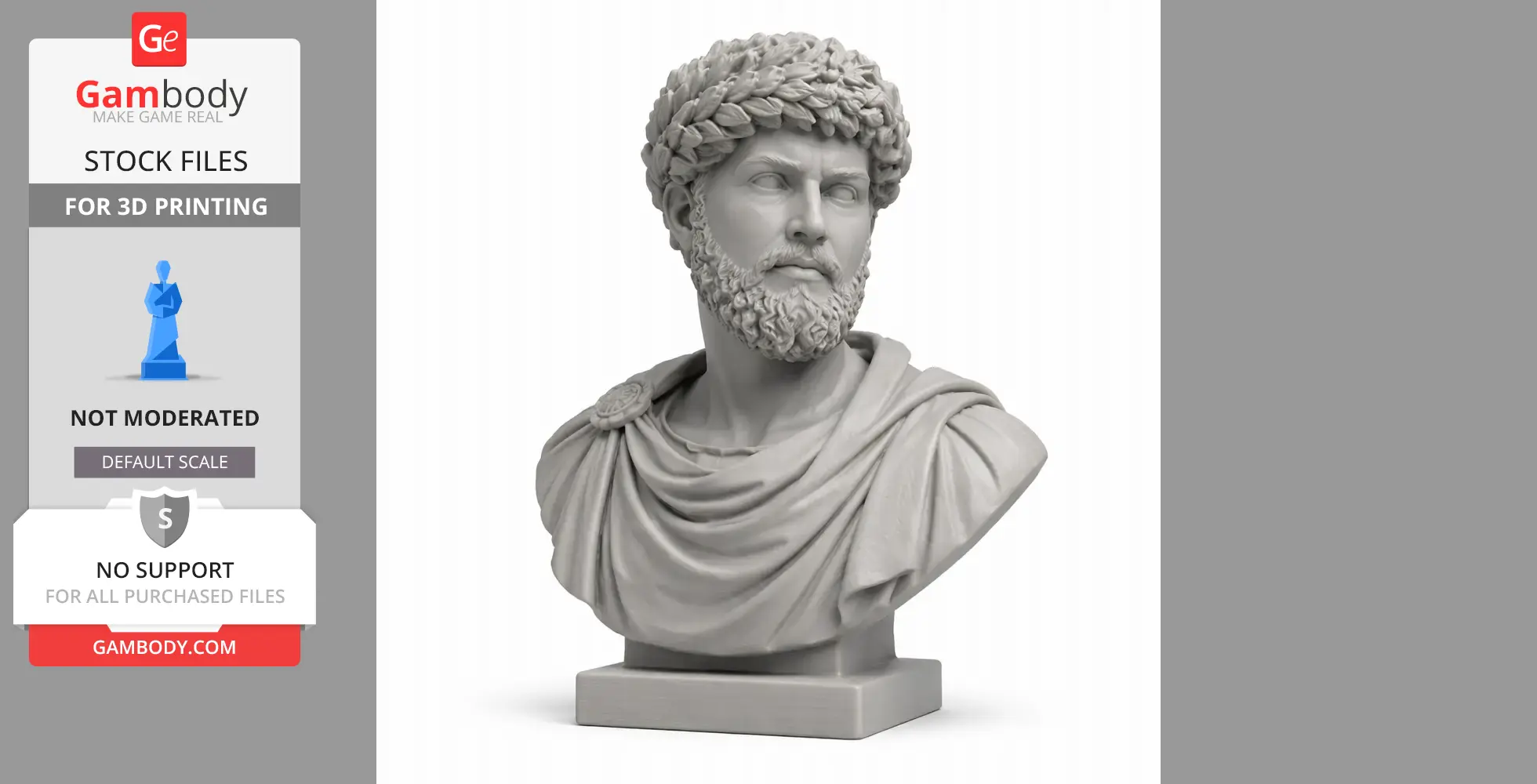 A detailed bust of an ancient Roman warrior, with a laurel wreath and draped clothing, on a pedestal.