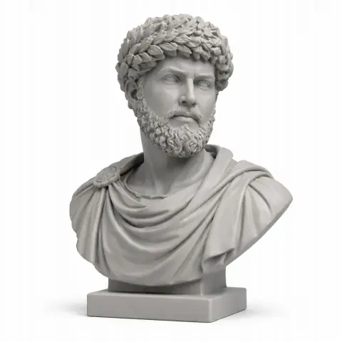 Bust of a bearded man in a toga with a laurel wreath, classical Roman styling, on a pedestal.