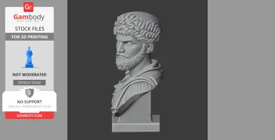 3D-printed bust of a historical warrior with curly hair and a textured beard, wearing a laurel crown and draped cloak.