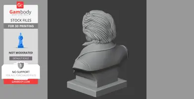 3D printed bust of a historical figure with detailed hair and clothing, shown from behind.