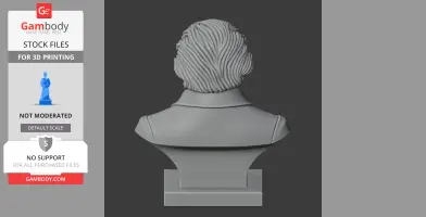 Rear view of a 3D-printed bust depicting a historical figure with detailed hair and a formal collar.