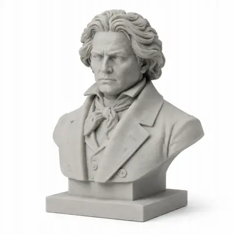 Grim-faced bust of a historical figure in a suit, with detailed hair and a scarf, on a square base.