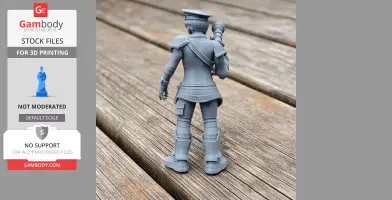 A 3D-printed model of a WWII soldier in uniform, holding a rifle on their shoulder, viewed from behind.