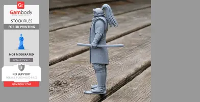 A 3D-printed samurai figure wearing traditional armor and a ponytail, holding a sheathed sword.