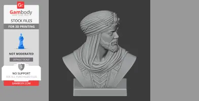 3D bust of a historical figure wearing a turban and robe with detailed facial features and textured clothing.