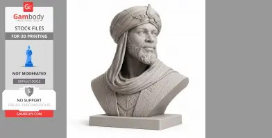A detailed 3D bust of a regal figure in a turban, with a beard and draped clothing, on a rectangular base.