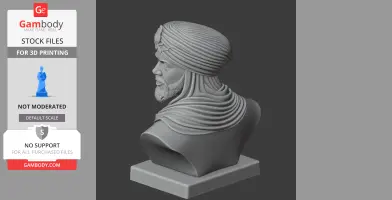 3D model of a historical figure's bust wearing a detailed turban, with textured clothing and a beard.