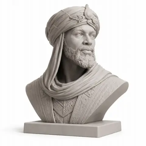 Bust of Mansa Musa in detailed attire with a turban and beard, designed for 3D printing.