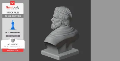 3D printable bust of a bearded man with a turban, looking left, on a square base.