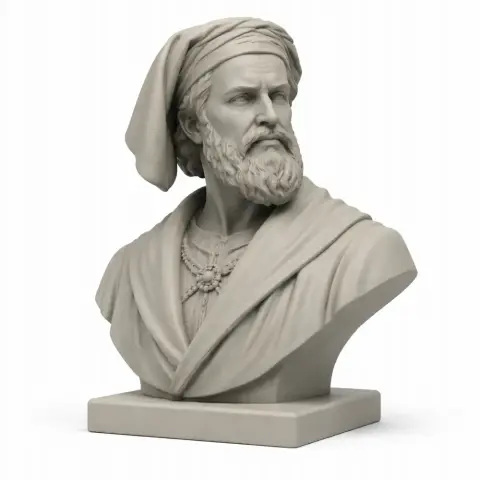 A detailed 3D-printed bust of a bearded man wearing a headscarf and robe, on a square base.