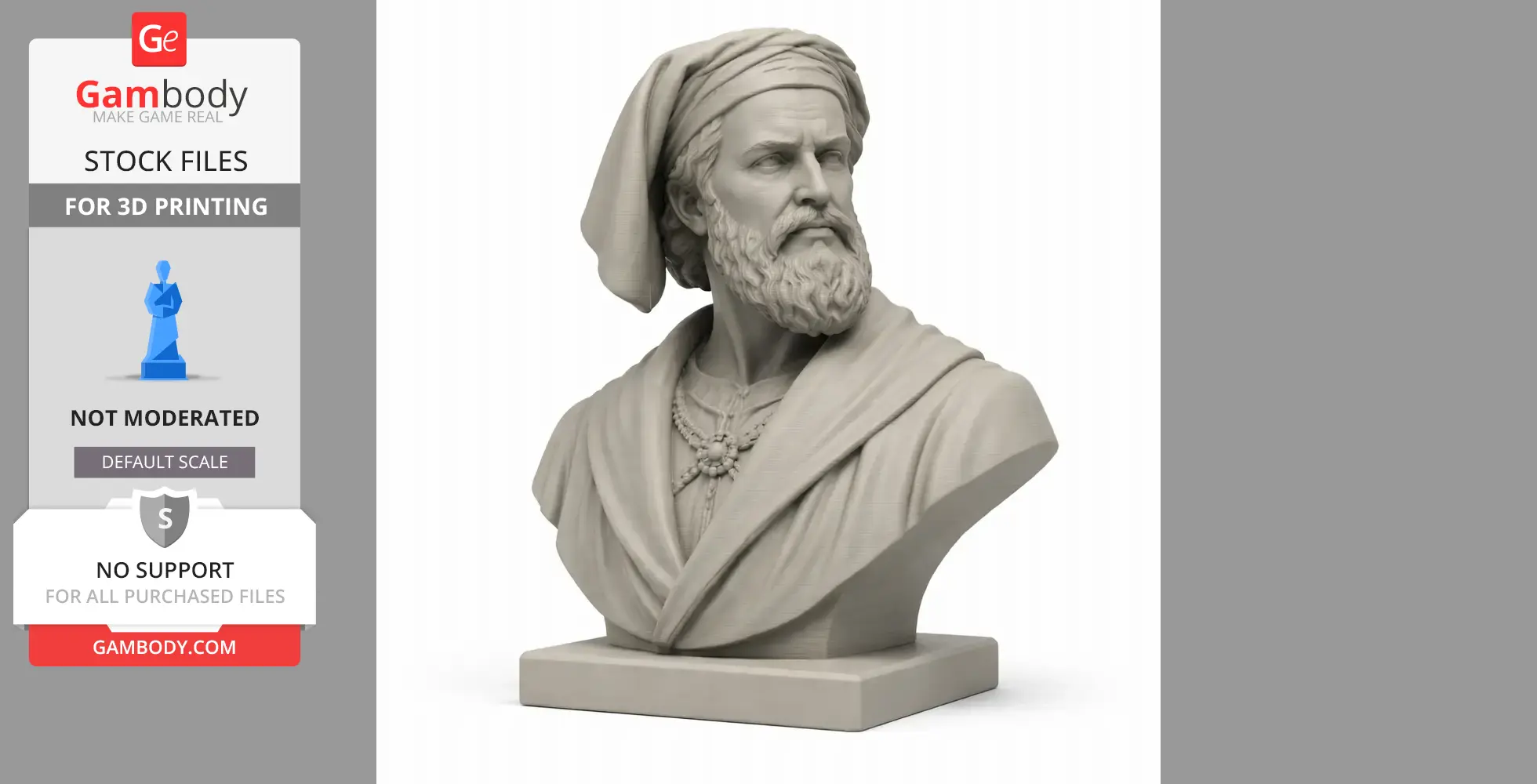 A bust of a bearded man in historical attire, wearing a headscarf, designed for 3D printing.