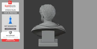 Back view of a 3D printed bust with detailed curly hair and draped clothing on a rectangular base.