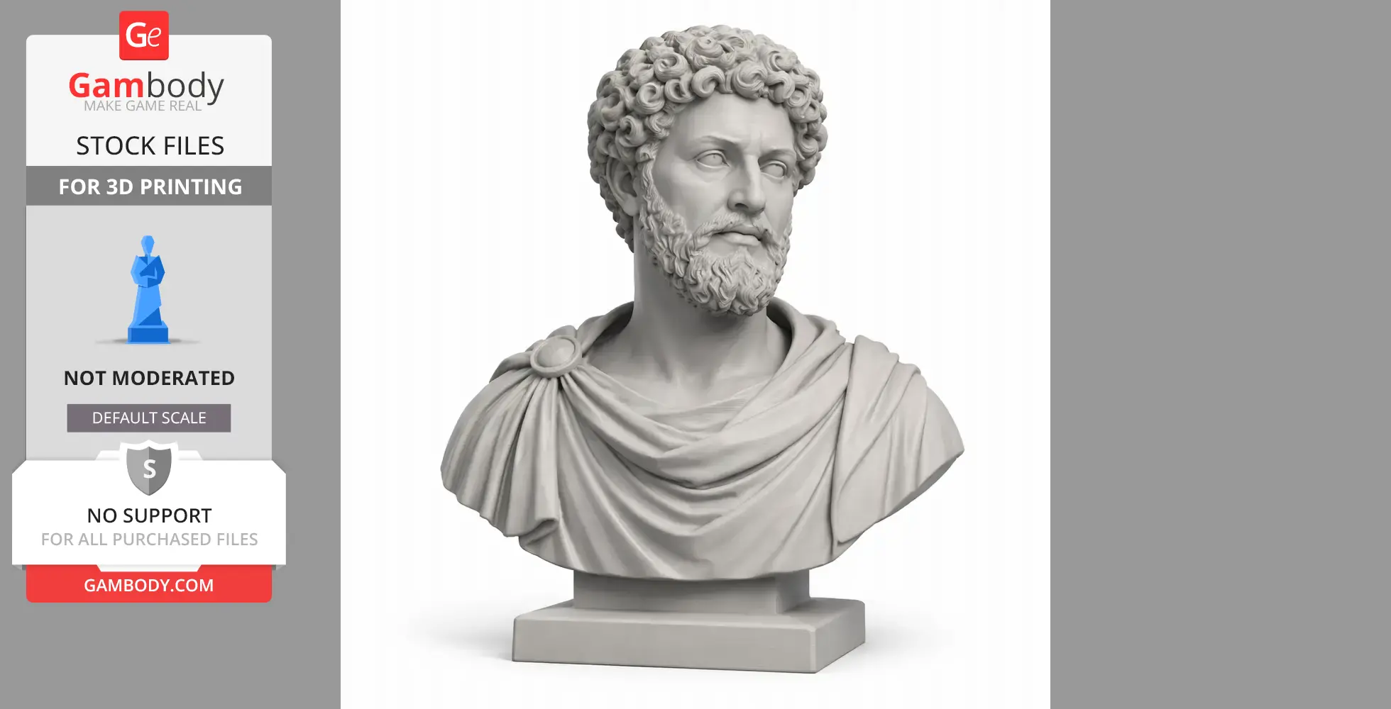 Bust of a Roman emperor with curly hair and beard, draped clothing, on a square base.
