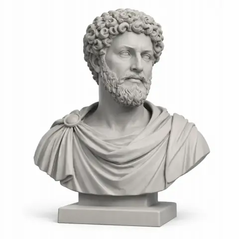 Bust of a bearded man in Roman attire, curly hair, stoic expression, on a square pedestal.