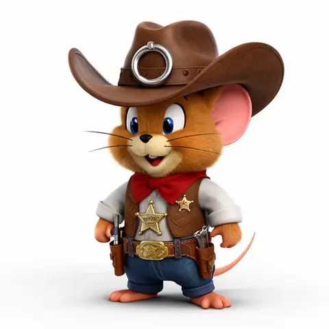 Cartoon mouse in cowboy attire, sheriff's badge, large hat, red scarf, and belt with holster.