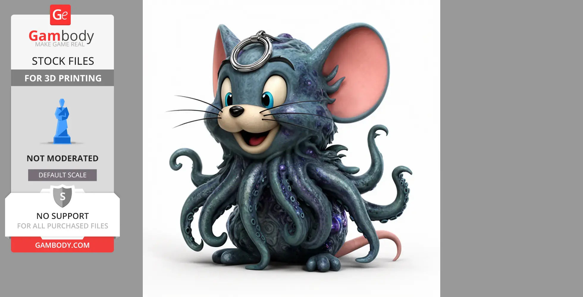 Mouse-Cthulhu hybrid with tentacles and a ring on its head, for 3D printing.