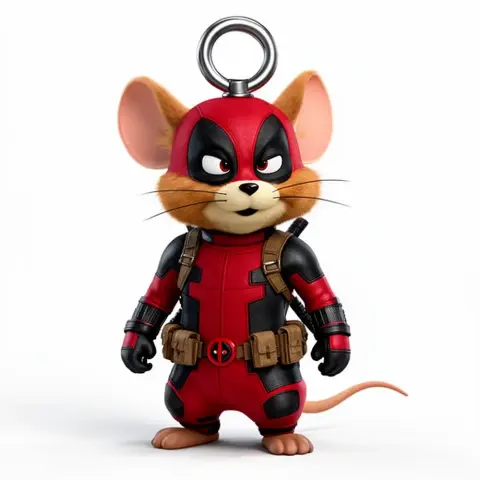 Mashup figure of a small cartoon mouse dressed in Deadpool costume with a ring on its head.