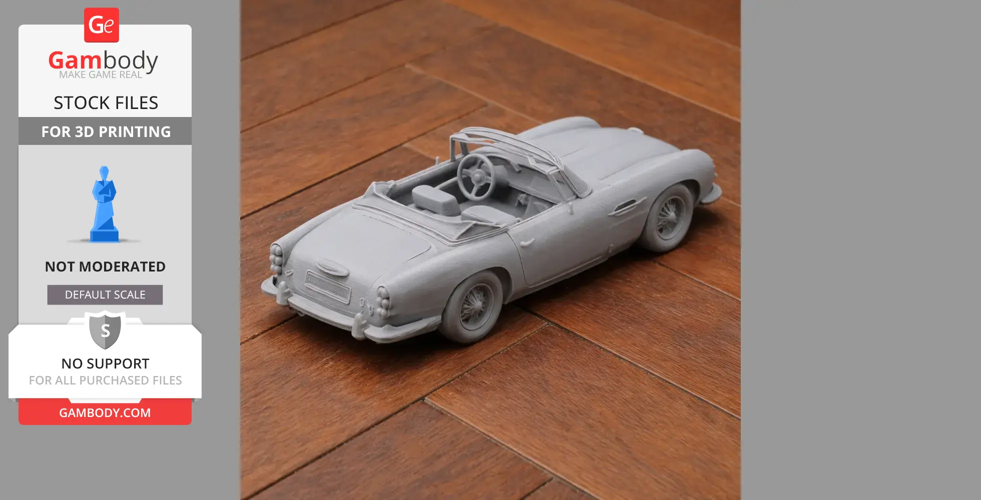 3D printed model of a classic Aston Martin DB5 car, detailed interior, on a wooden surface.