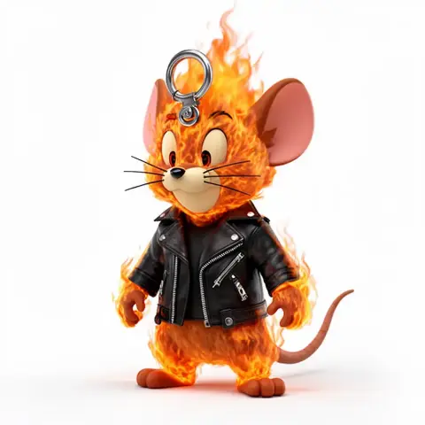 A fiery cartoon mouse wearing a leather jacket, styled like a biker, with a ring on its head.