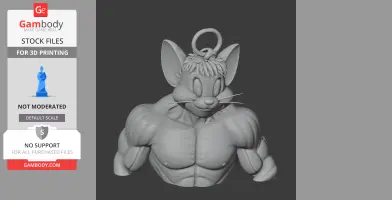 Muscular cartoon mouse figure with big ears and a ring on its head, designed for 3D printing.