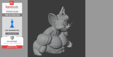 Buff cartoon mouse with Hulk-like muscles, wearing a small tuft of hair, ring on top. 3D print design.