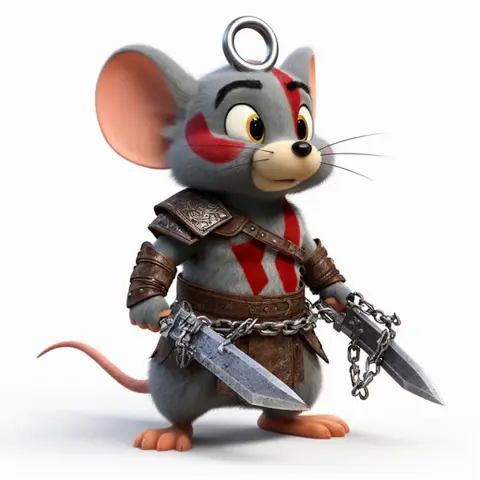 A cartoon mouse dressed as a warrior with armor and dual blades, featuring a loop on its head.