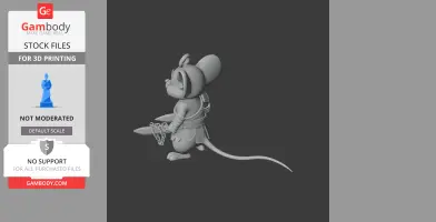 Mouse warrior figure with armor and sword, combines cartoon mouse and video game character traits.