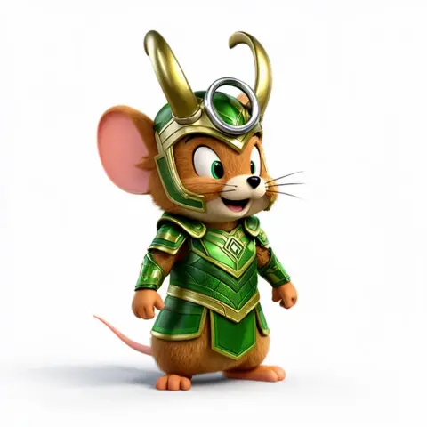 Mouse character in green and gold armor with horns, inspired by Norse mythology.