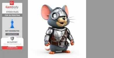 A cartoon mouse dressed as a Mandalorian in detailed armor, standing upright.